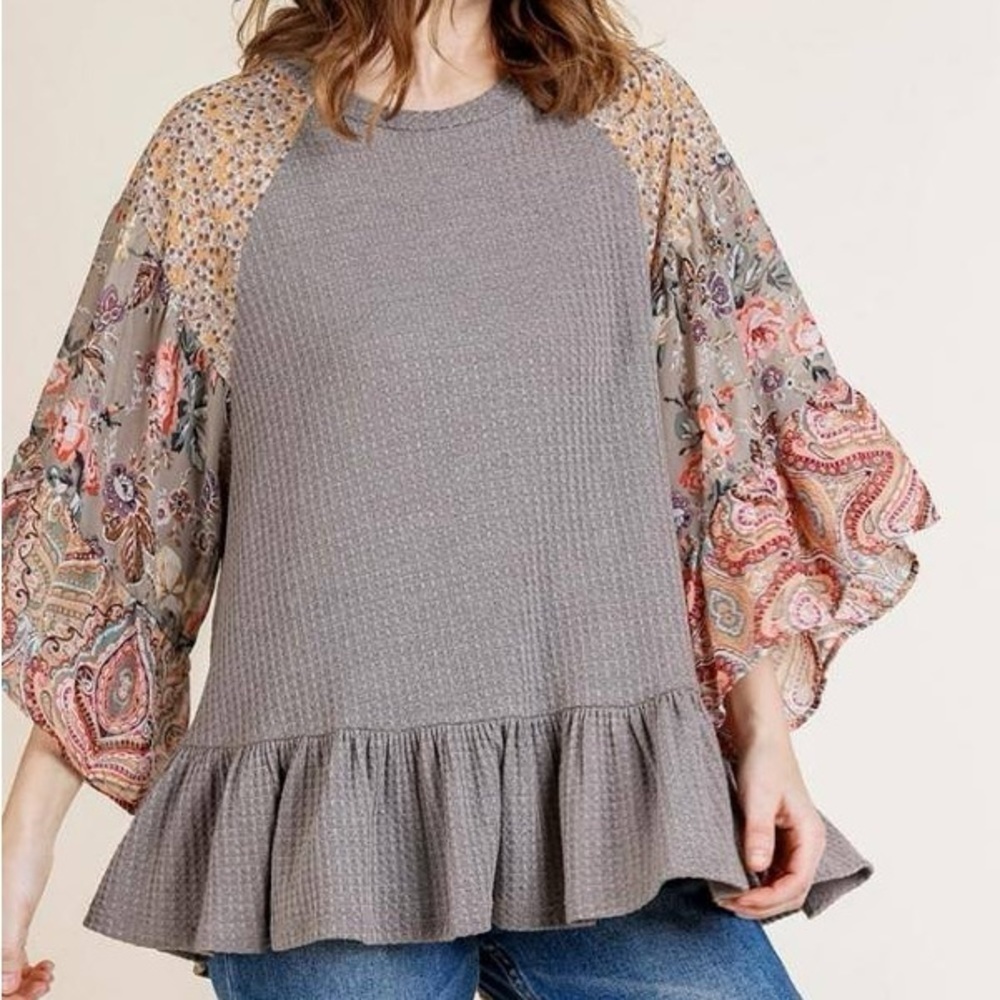 Umgee Mocha Waffle Knit Top with Floral Bell Sleeves